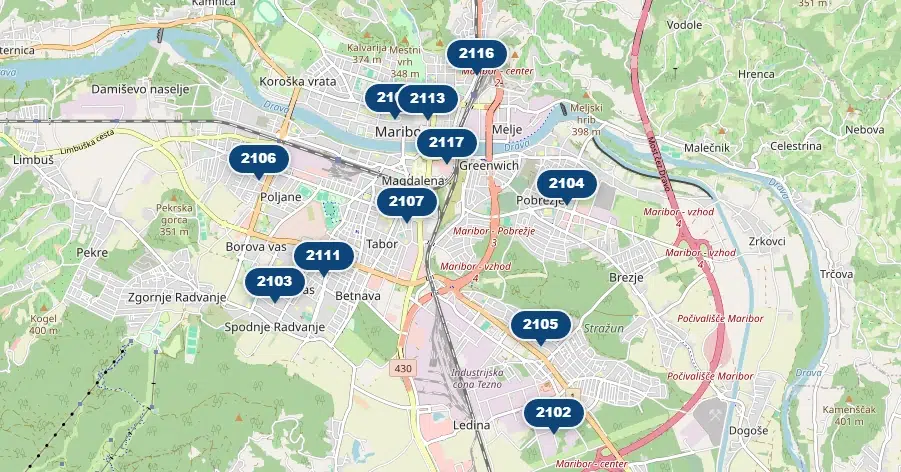 Zemljevid poštnih poslovalnic v Mariboru