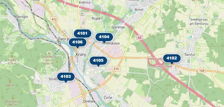 Zemljevid poštnih poslovalnic v Kranju