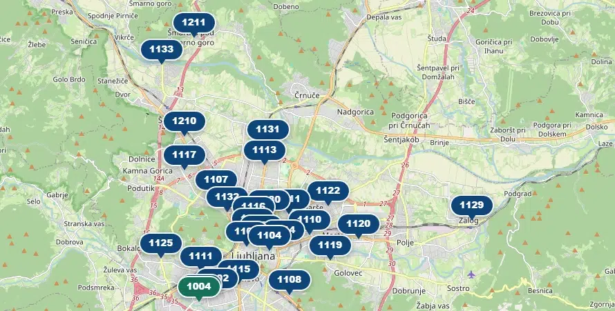Zemljevid poštnih številk za Ljubljano