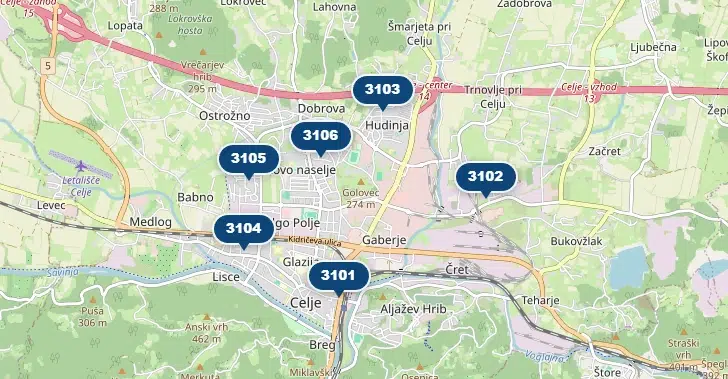 Zemljevid poštnih poslovalnic v Celju